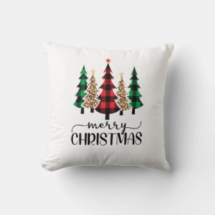 Coussin Joyeux Noël Arbres à carreaux rouges verts et noir