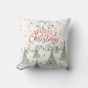 Coussin Joyeux Noël Arbres rouges et verts neige