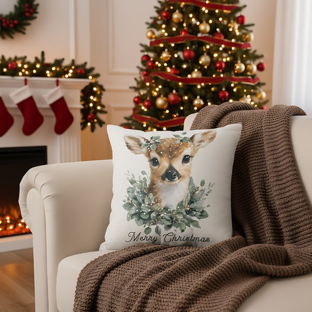 Coussin Joyeux Noël au faon mignon - Faon à l'aquarelle  (Créateur téléchargé)