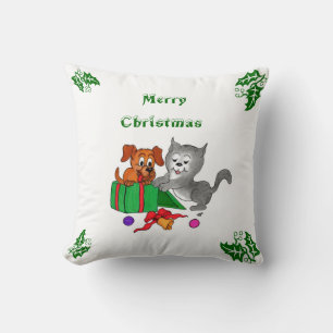 Coussin Joyeux Noël avec chiot et dragons de chat