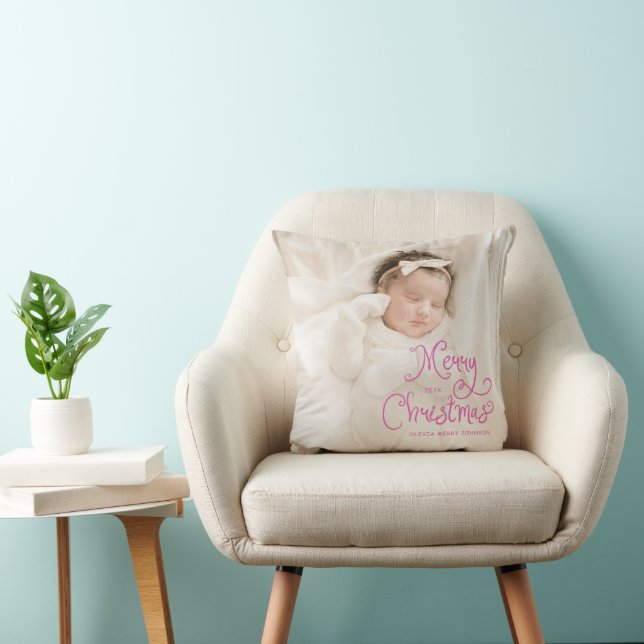 Coussin Joyeux Noël Bébé Photo Rose (Chaise)