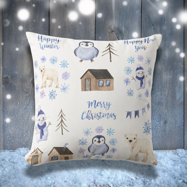 Coussin Joyeux Noël Bleu Vacances d'hiver (Créateur téléchargé)