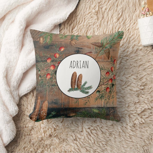 Coussin Joyeux Noël Bois Rustique Noël Nom Personnalisé (Couverture)