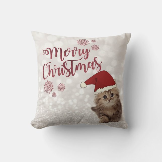 Coussin Joyeux Noël, Bokeh Gliterie, Chat Avec Chapeau De  (Recto)