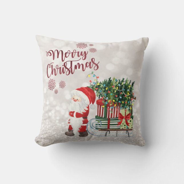 Coussin Joyeux Noël,Bokeh scintillant,Chat avec chapeau de (Recto)