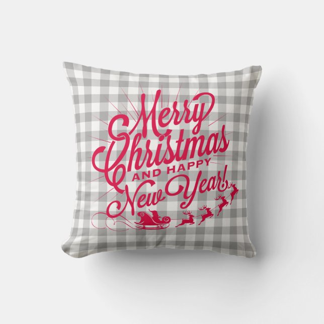 Coussin Joyeux Noël Bonne année Grey Check Motif (Recto)