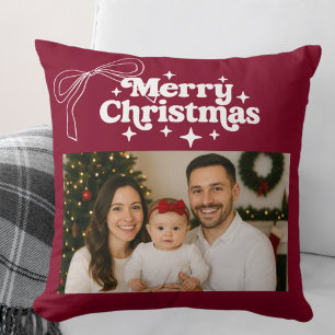 Coussin Joyeux Noël bordeaux photo arc dessiné main