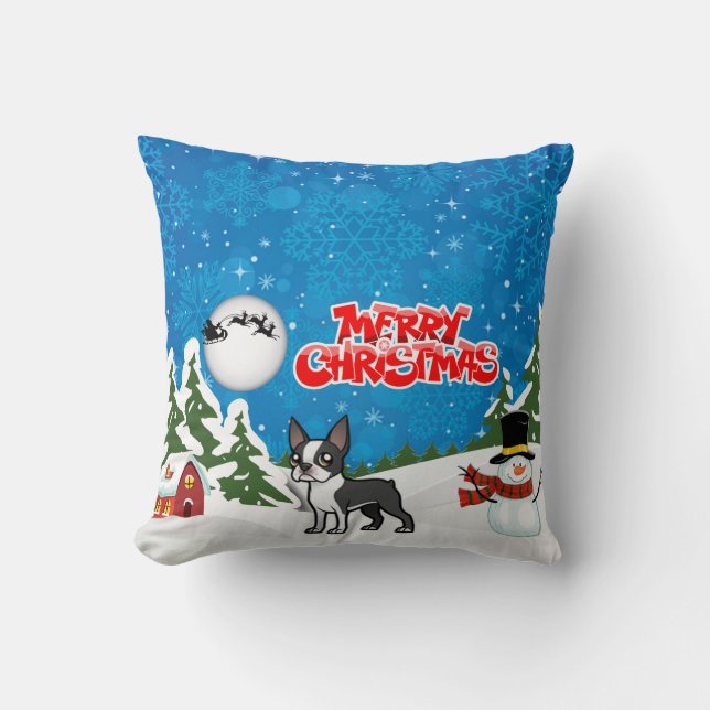 Coussin Joyeux Noël Boston Terrier Avec Un Snowman (Recto)