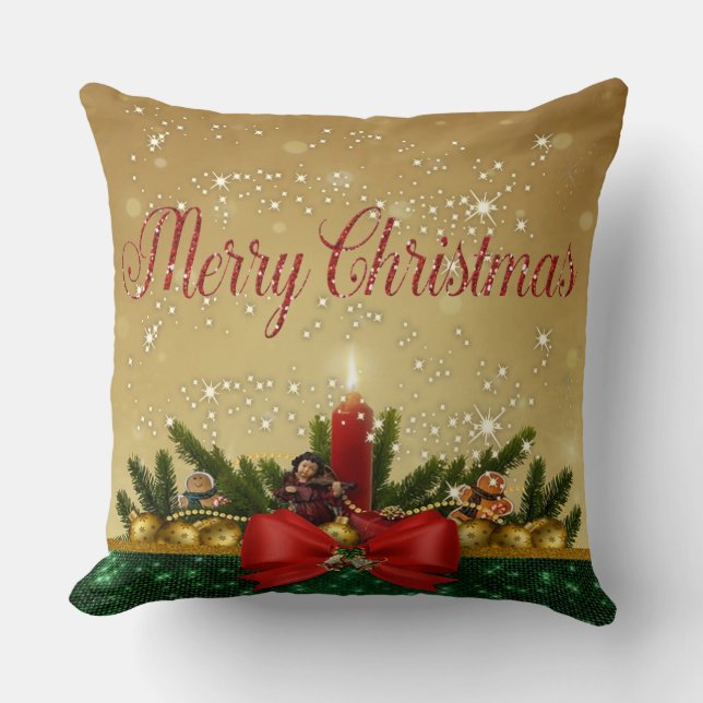 Coussin Joyeux Noël,Bougie Ruban Rouge,Branches de Sapin (Recto)