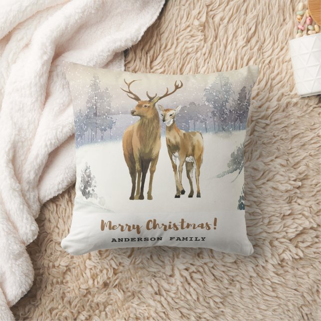 Coussin Joyeux Noël Buck and Doe Deer Winter Scene (Couverture)