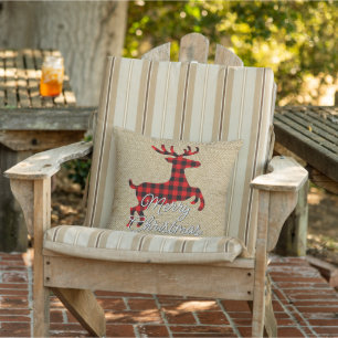 Coussin Joyeux Noël Buck sur carreaux Buffalo rouge et noi