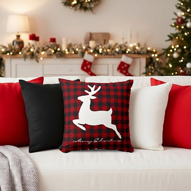 Coussin Joyeux Noël cerf sur carreaux (Créateur téléchargé)