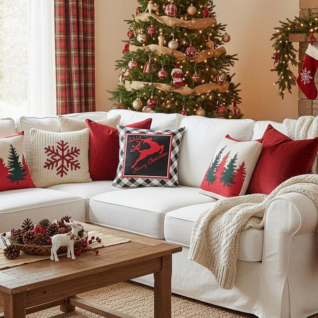 Coussin Joyeux Noël cerf sur carreaux (Créateur téléchargé)