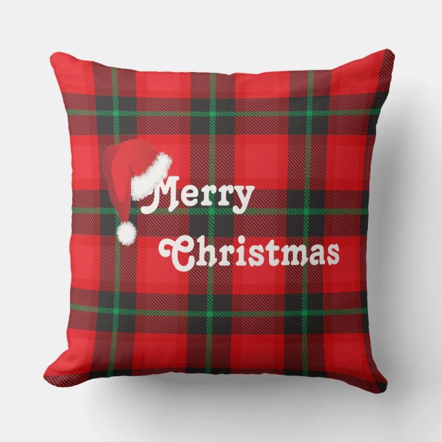 Coussin Joyeux Noël chapeau de Noël Plaid Tartan Motif (Recto)