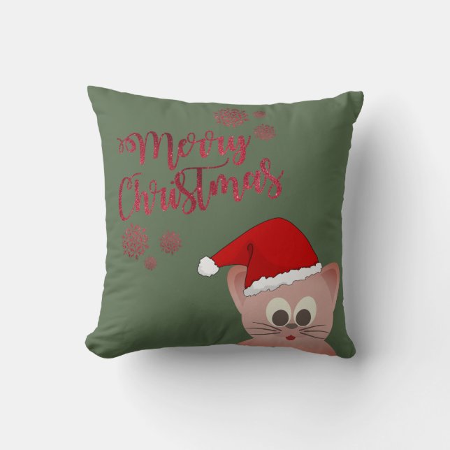 Coussin Joyeux Noël, Chat avec chapeau de Père Noël (Recto)