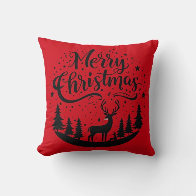 Coussin Joyeux Noël classique Cerfs et Arbre Design Art (Recto)