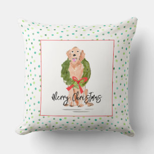 Coussin Joyeux Noël Couronne de chien Retriever doré avec