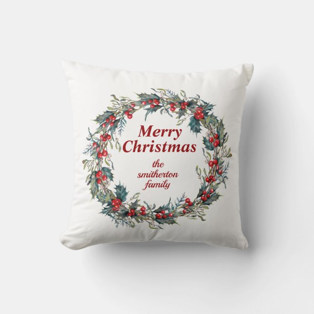 Coussin Joyeux Noël Couronne de houx vert et baie rouge (Recto)