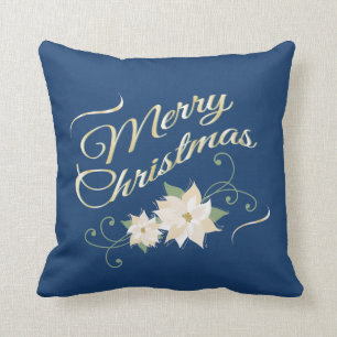 Coussin Joyeux Noël de bleu et d'or et poinsettias