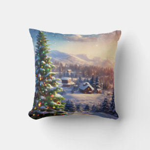 Coussin Joyeux Noël de neige déco bleu et blanc