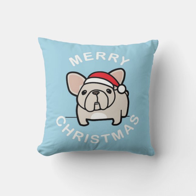 Coussin Joyeux Noël de Père Noël crème Frenchie - bleu (Recto)