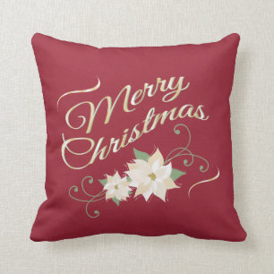 Coussin Joyeux Noël de rouge et d'or et poinsettias