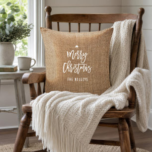 Coussin Joyeux Noël Écriture Brosse Rustique Nom de Famill