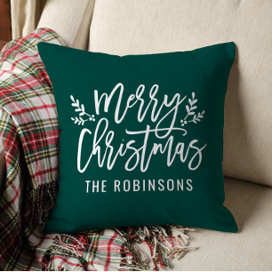 Coussin Joyeux Noël Écriture Famille Nom Émeraude