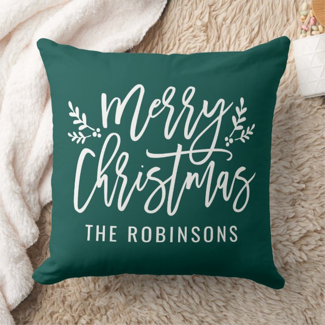 Coussin Joyeux Noël Écriture Famille Nom Émeraude (Couverture)