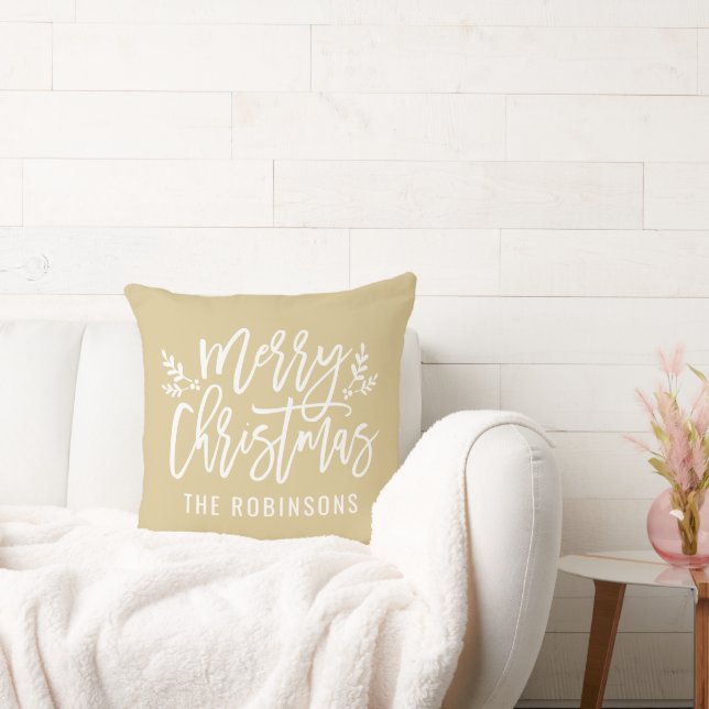 Coussin Joyeux Noël Écriture Famille Nom Tan Or (Canapé)