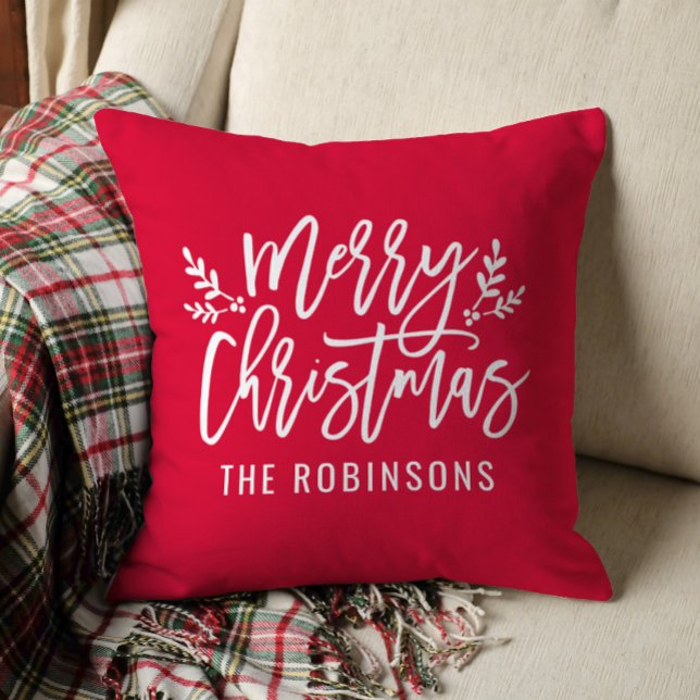 Coussin Joyeux Noël Écriture Nom de Famille Rouge (Créateur téléchargé)