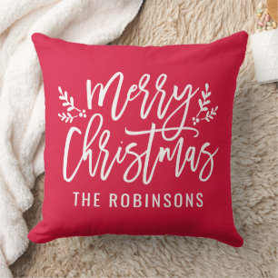 Coussin Joyeux Noël Écriture Nom de Famille Rouge