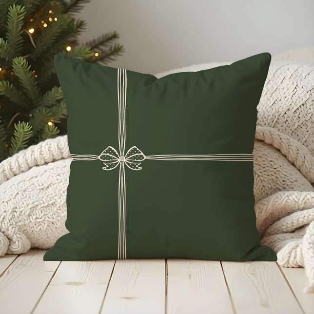 Coussin Joyeux Noël Elegant Bow & Ribbon Présente Vert (Merry Christmas Elegant Bow & Ribbon Present Green Throw Pillow)