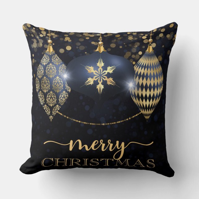 Coussin Joyeux Noël élégant Navy et Ornement doré (Recto)