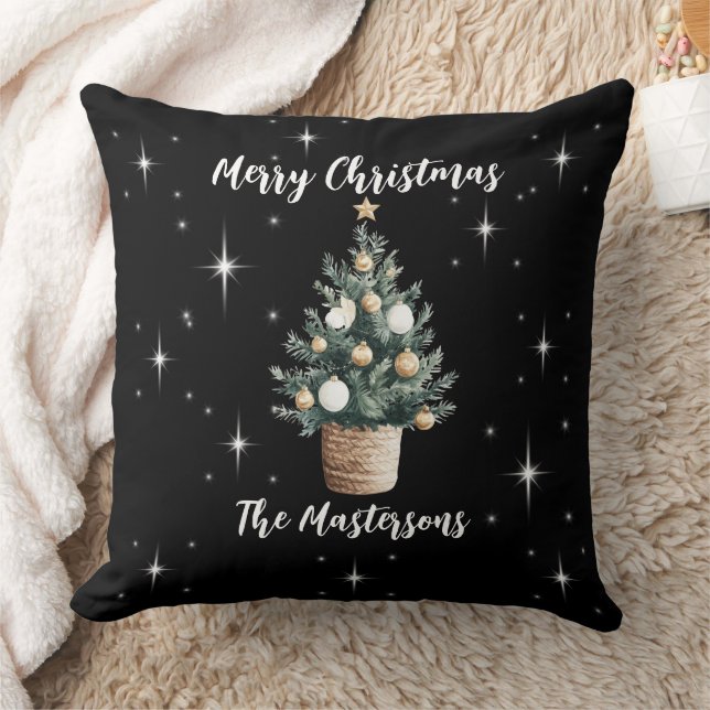 Coussin Joyeux Noël Élégant Noir avec Étoiles Blanches  (Couverture)