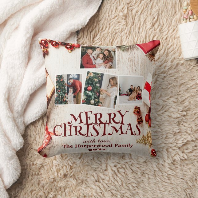 Coussin Joyeux Noël élégant rouge  Collage de photos de fa (Couverture)