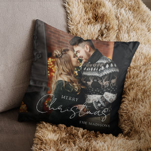 Coussin Joyeux Noël Élégant Script Couple Photo
