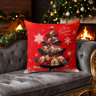 Coussin Joyeux Noël enneigé  Photo de famille Arbre
