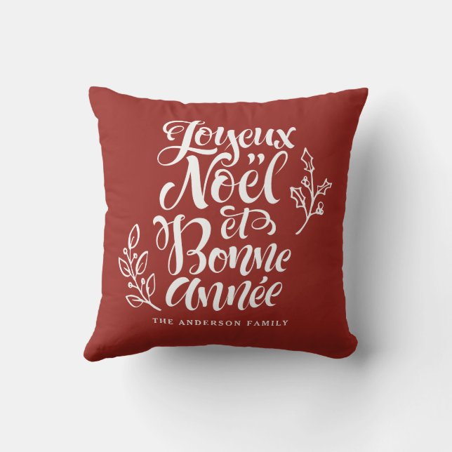 Coussin Joyeux Noël et Bonne Année Script moderne Rouge (Verso)