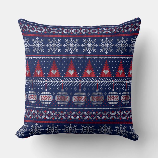 Coussin Joyeux Noël Fairiste Tricot Motif Rouge Bleu (Recto)
