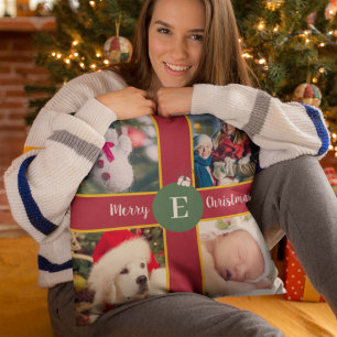 Coussin Joyeux Noël Famille Photo Rouge Vert Monogramme