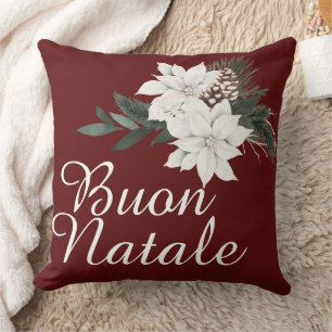 Coussin Joyeux Noël Fleurs de Noël italiennes sur fond rou