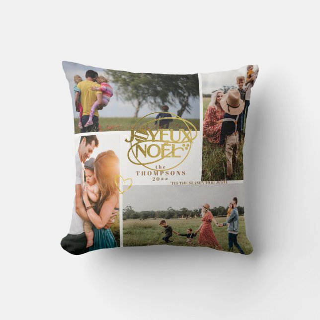 Coussin Joyeux Noel French Christmas Four Photo Collage (Recto)
