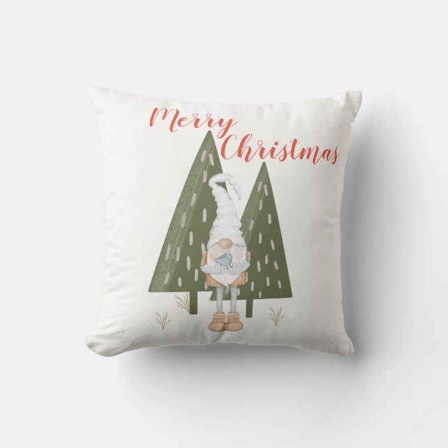 Coussin Joyeux Noël Gnome de la forêt blanc (Recto)