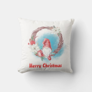 Coussin Joyeux Noël Gnome sur Couronne Fleurie