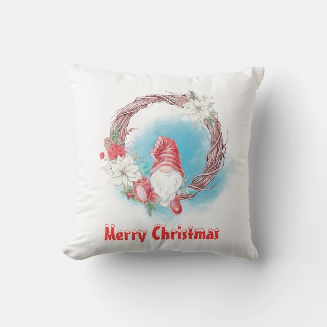 Coussin Joyeux Noël Gnome sur Couronne Fleurie (Recto)