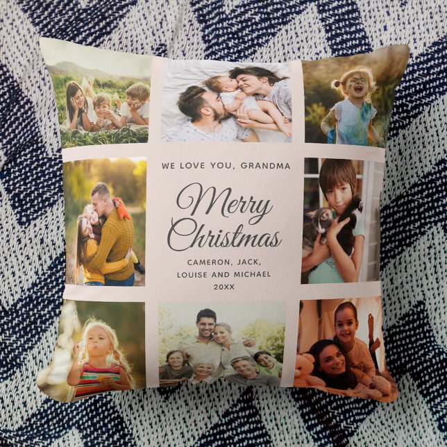 Coussin Joyeux Noël Grand-mère Blush Pink Photo Collage (Créateur téléchargé)