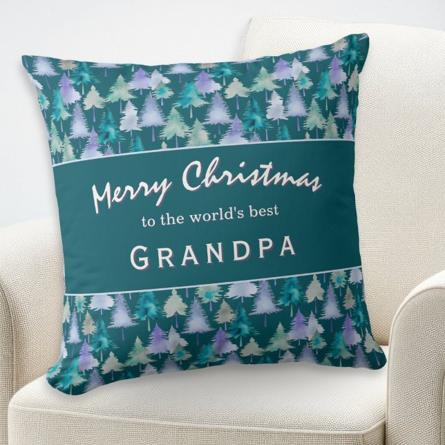 Coussin Joyeux Noël grand-père Aquarelle Arbres sur mesure (A stylish pillow for the 'World's Best Grandpa', with jade and lilac Christmas trees pattern)