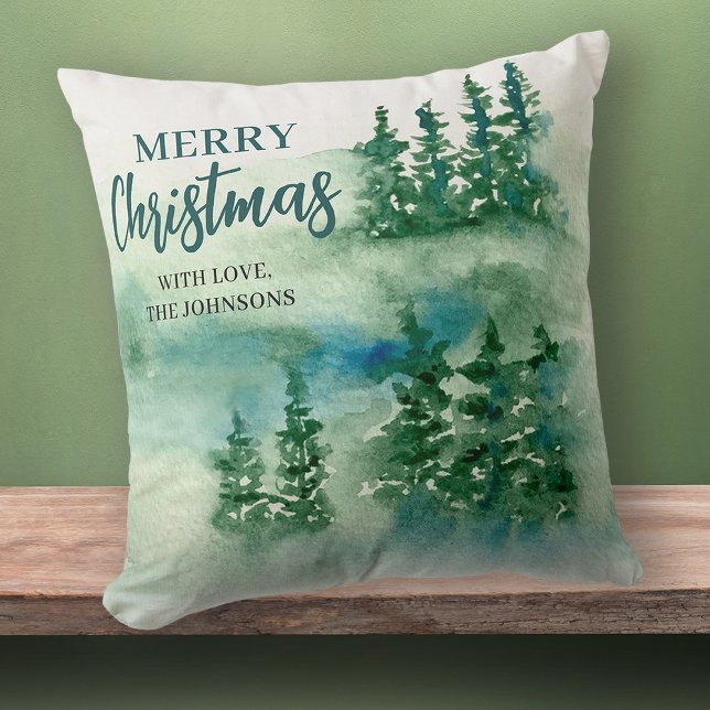 Coussin Joyeux Noël Green Forest Trees Cadeau (Stylishly Personalize with Your Custom Name & Year)