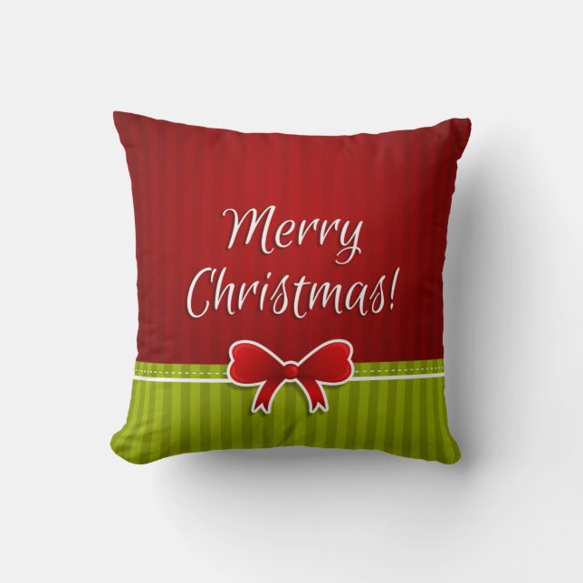 Coussin Joyeux Noël Green Red Stripes Motif et Bow (Recto)